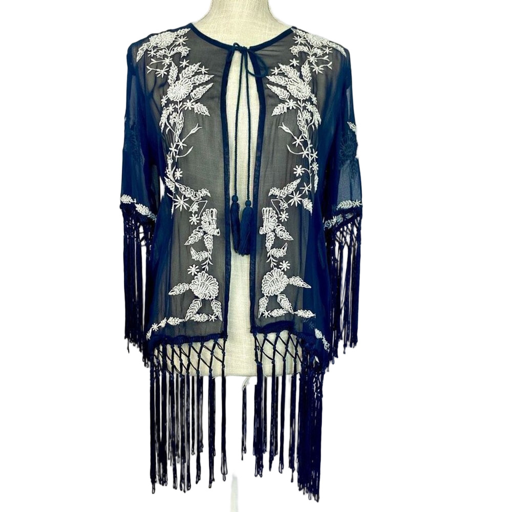 NWT Hyde Park Embroidered kimono Sheer Navy Blue White Fringe Women’s Medium